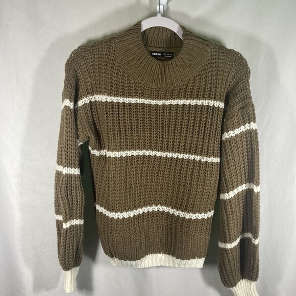 SheIn Sweaters - SHEIN brown white striped crew neck long sleeve knit pullover sweater XS